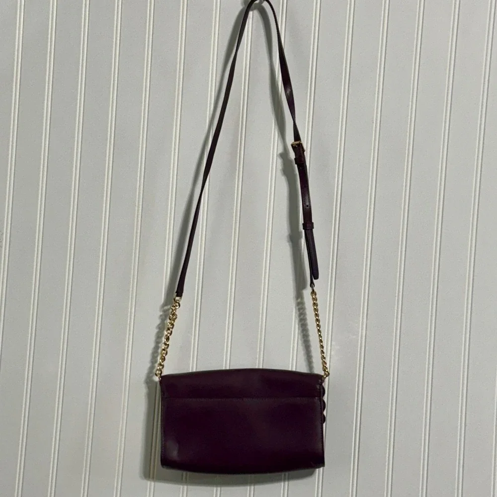 Michael Kors Womens Mott Scalloped Crossbody Bag Merlot Burgundy Leather Gold MK - Picture 7 of 11